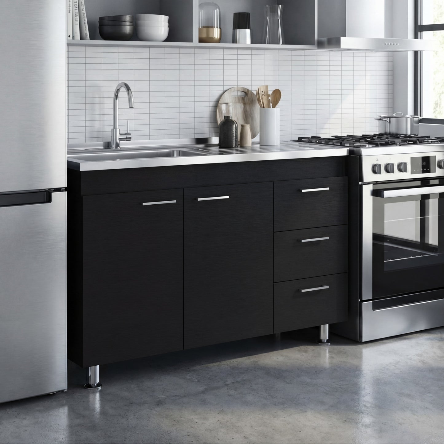 Ferretti Utility Sink Base Cabinet with Stainless Steel Countertop, Three Storage Drawers, Double-Door Cabinet and Integrated Faucet Opening for Modern Kitchen Organization, Prep Convenience and Functional Home Utility