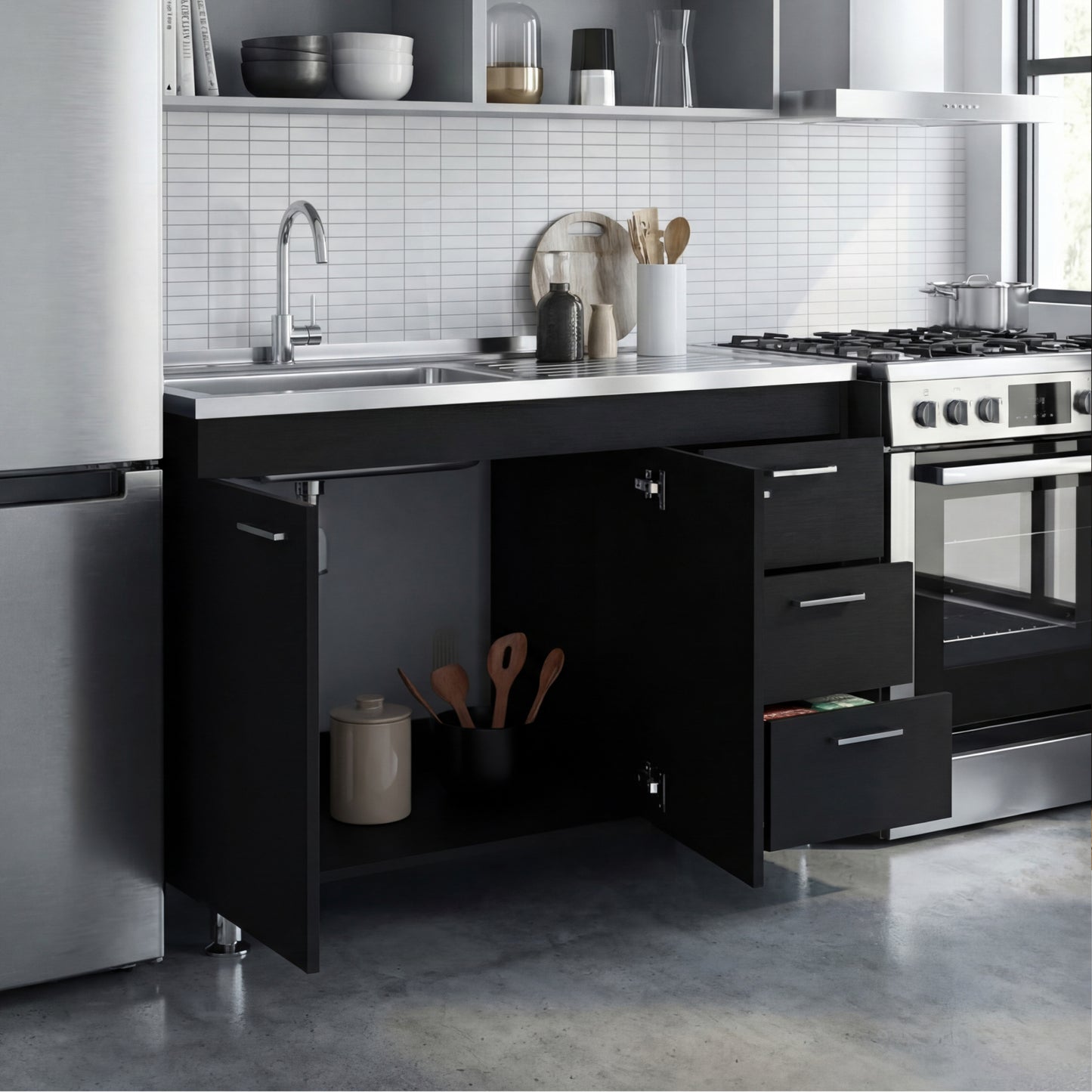 Ferretti Utility Sink Base Cabinet with Stainless Steel Countertop, Three Storage Drawers, Double-Door Cabinet and Integrated Faucet Opening for Modern Kitchen Organization, Prep Convenience and Functional Home Utility