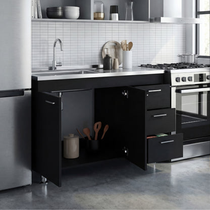 Ferretti Utility Sink Base Cabinet with Stainless Steel Countertop, Three Storage Drawers, Double-Door Cabinet and Integrated Faucet Opening for Modern Kitchen Organization, Prep Convenience and Functional Home Utility