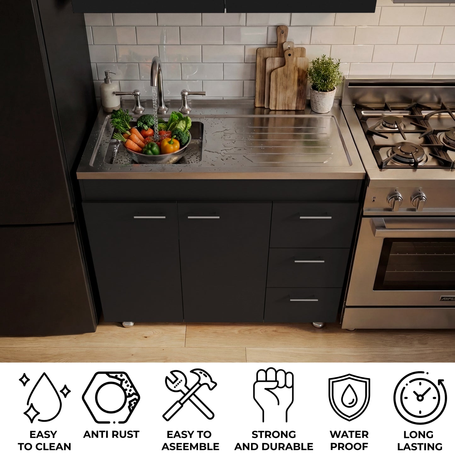 Ferretti Utility Sink Base Cabinet with Stainless Steel Countertop, Three Storage Drawers, Double-Door Cabinet and Integrated Faucet Opening for Modern Kitchen Organization, Prep Convenience and Functional Home Utility