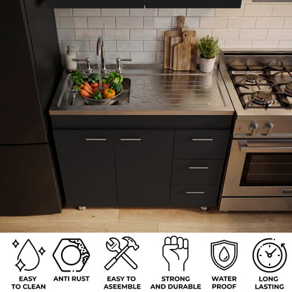 Ferretti Utility Sink Base Cabinet with Stainless Steel Countertop, Three Storage Drawers, Double-Door Cabinet and Integrated Faucet Opening for Modern Kitchen Organization, Prep Convenience and Functional Home Utility