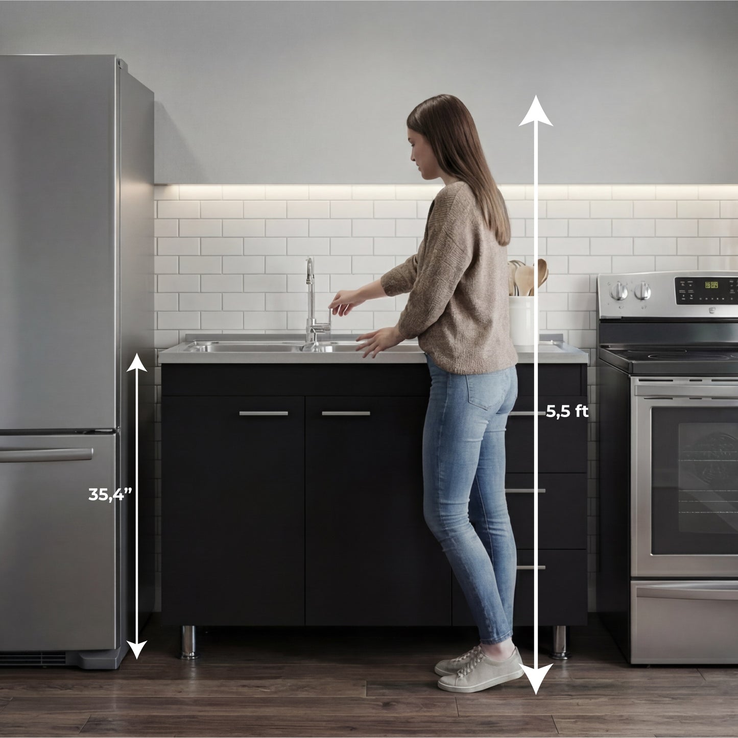 Ferretti Utility Sink Base Cabinet with Stainless Steel Countertop, Three Storage Drawers, Double-Door Cabinet and Integrated Faucet Opening for Modern Kitchen Organization, Prep Convenience and Functional Home Utility