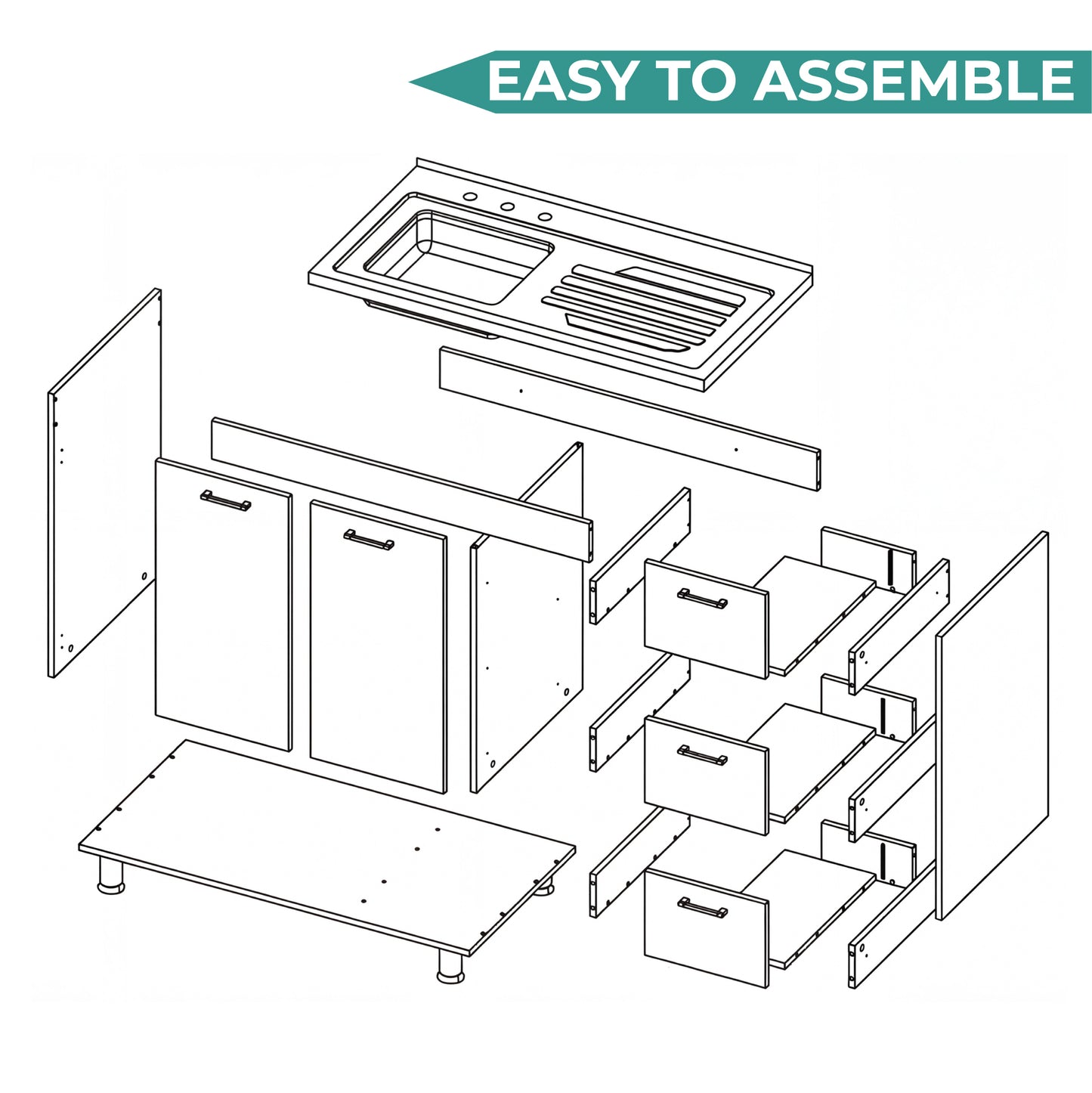Ferretti Utility Sink Base Cabinet with Stainless Steel Countertop, Three Storage Drawers, Double-Door Cabinet and Integrated Faucet Opening for Modern Kitchen Organization, Prep Convenience and Functional Home Utility