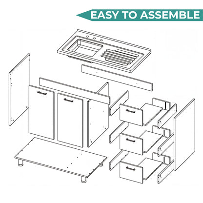 Ferretti Utility Sink Base Cabinet with Stainless Steel Countertop, Three Storage Drawers, Double-Door Cabinet and Integrated Faucet Opening for Modern Kitchen Organization, Prep Convenience and Functional Home Utility