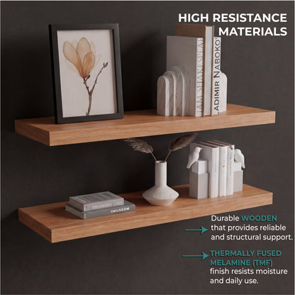 TUHOME Ecco 31.5-Inch Floating Shelves Set of Two with Hidden Brackets, Modern Wall-Mounted Shelves for Bedroom, Bathroom or Living Room Décor, Minimalist Display and Storage Solution for Books, Photos and Accessories
