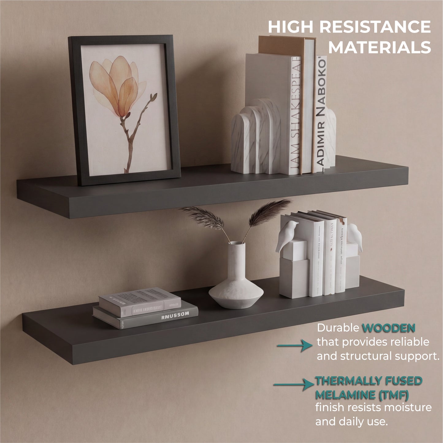 TUHOME Ecco 31.5-Inch Floating Shelves Set of Two with Hidden Brackets, Modern Wall-Mounted Shelves for Bedroom, Bathroom or Living Room Décor, Minimalist Display and Storage Solution for Books, Photos and Accessories