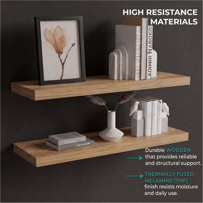 TUHOME Ecco 31.5-Inch Floating Shelves Set of Two with Hidden Brackets, Modern Wall-Mounted Shelves for Bedroom, Bathroom or Living Room Décor, Minimalist Display and Storage Solution for Books, Photos and Accessories