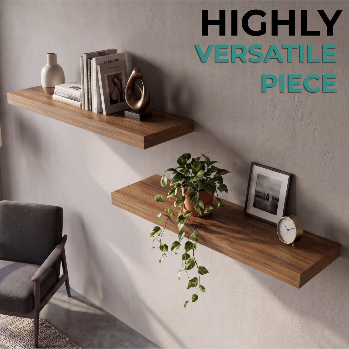 TUHOME Ecco 31.5-Inch Floating Shelves Set of Two with Hidden Brackets, Modern Wall-Mounted Shelves for Bedroom, Bathroom or Living Room Décor, Minimalist Display and Storage Solution for Books, Photos and Accessories