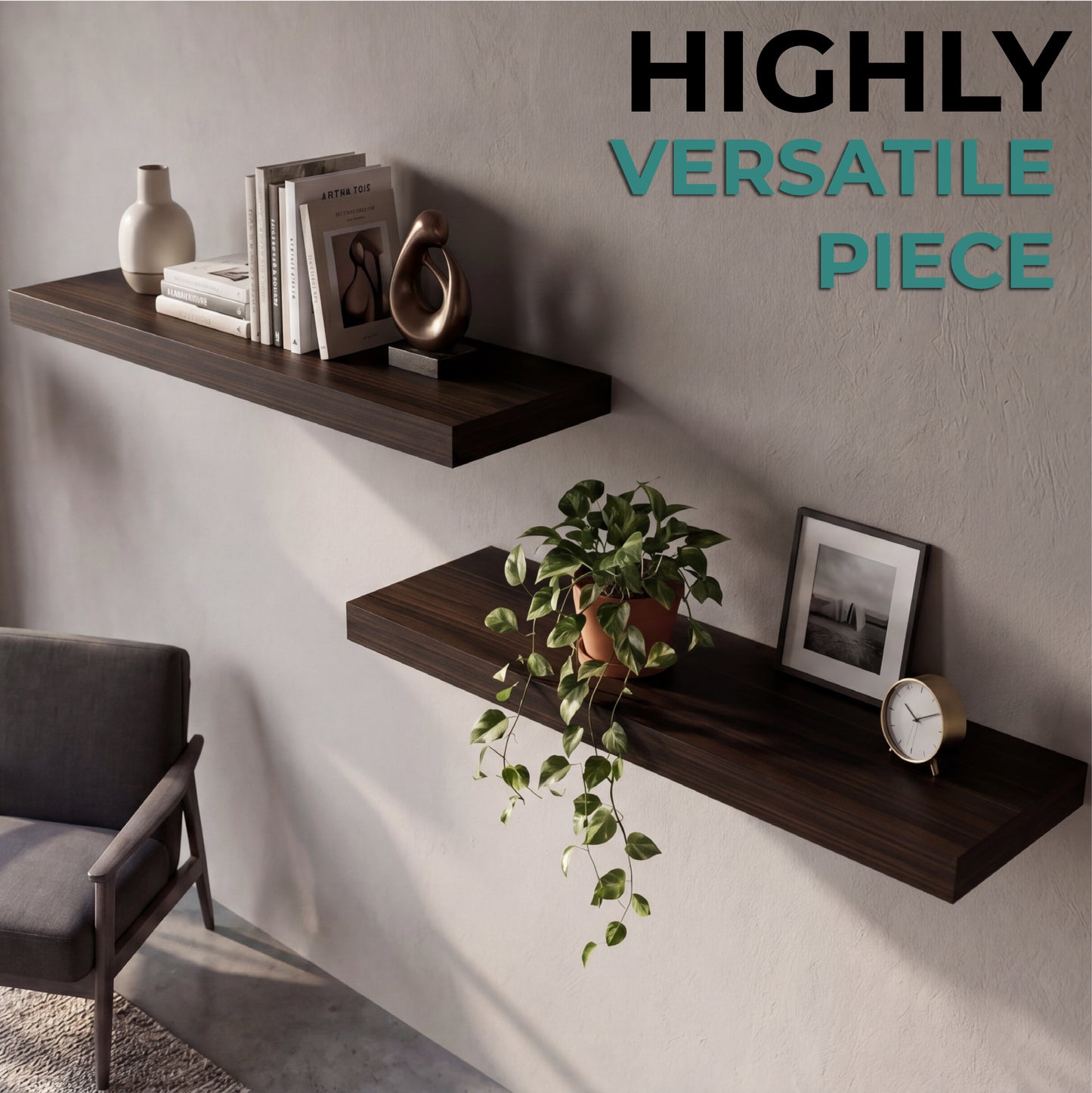 TUHOME Ecco 31.5-Inch Floating Shelves Set of Two with Hidden Brackets, Modern Wall-Mounted Shelves for Bedroom, Bathroom or Living Room Décor, Minimalist Display and Storage Solution for Books, Photos and Accessories