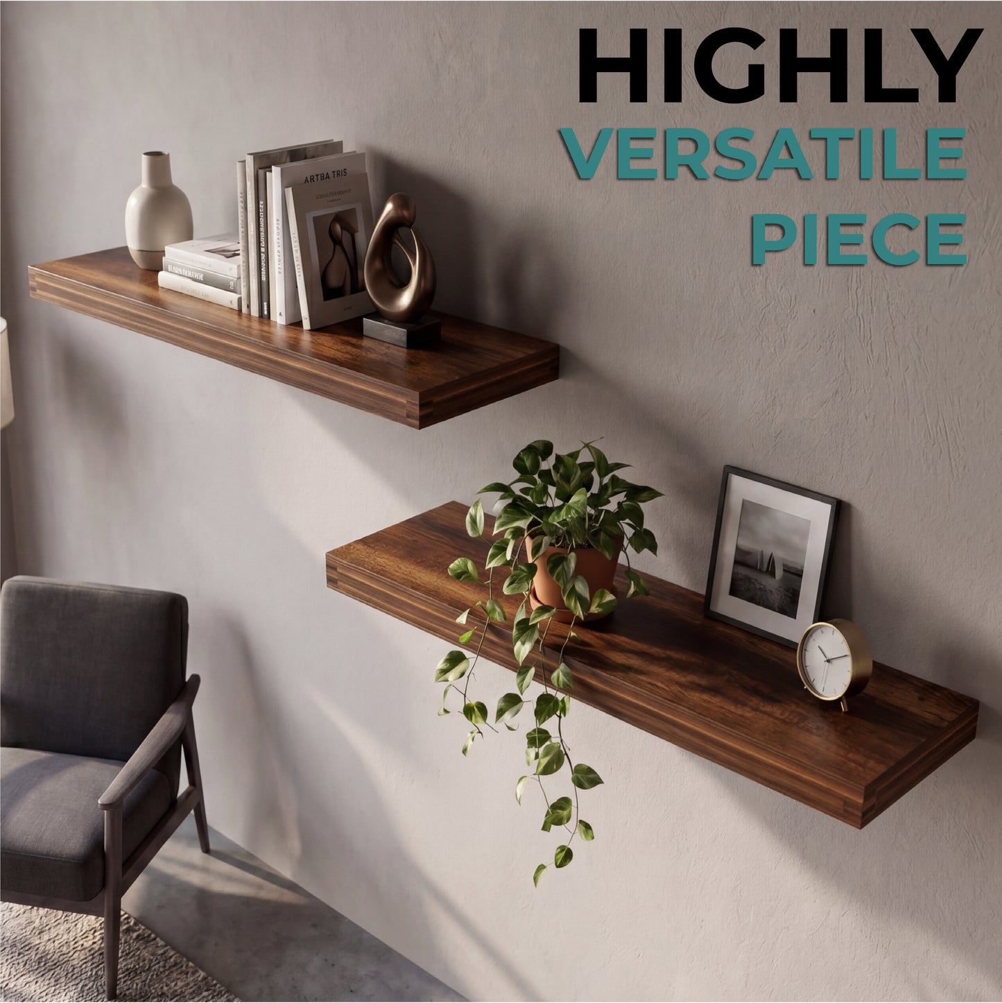TUHOME Ecco 31.5-Inch Floating Shelves Set of Two with Hidden Brackets, Modern Wall-Mounted Shelves for Bedroom, Bathroom or Living Room Décor, Minimalist Display and Storage Solution for Books, Photos and Accessories