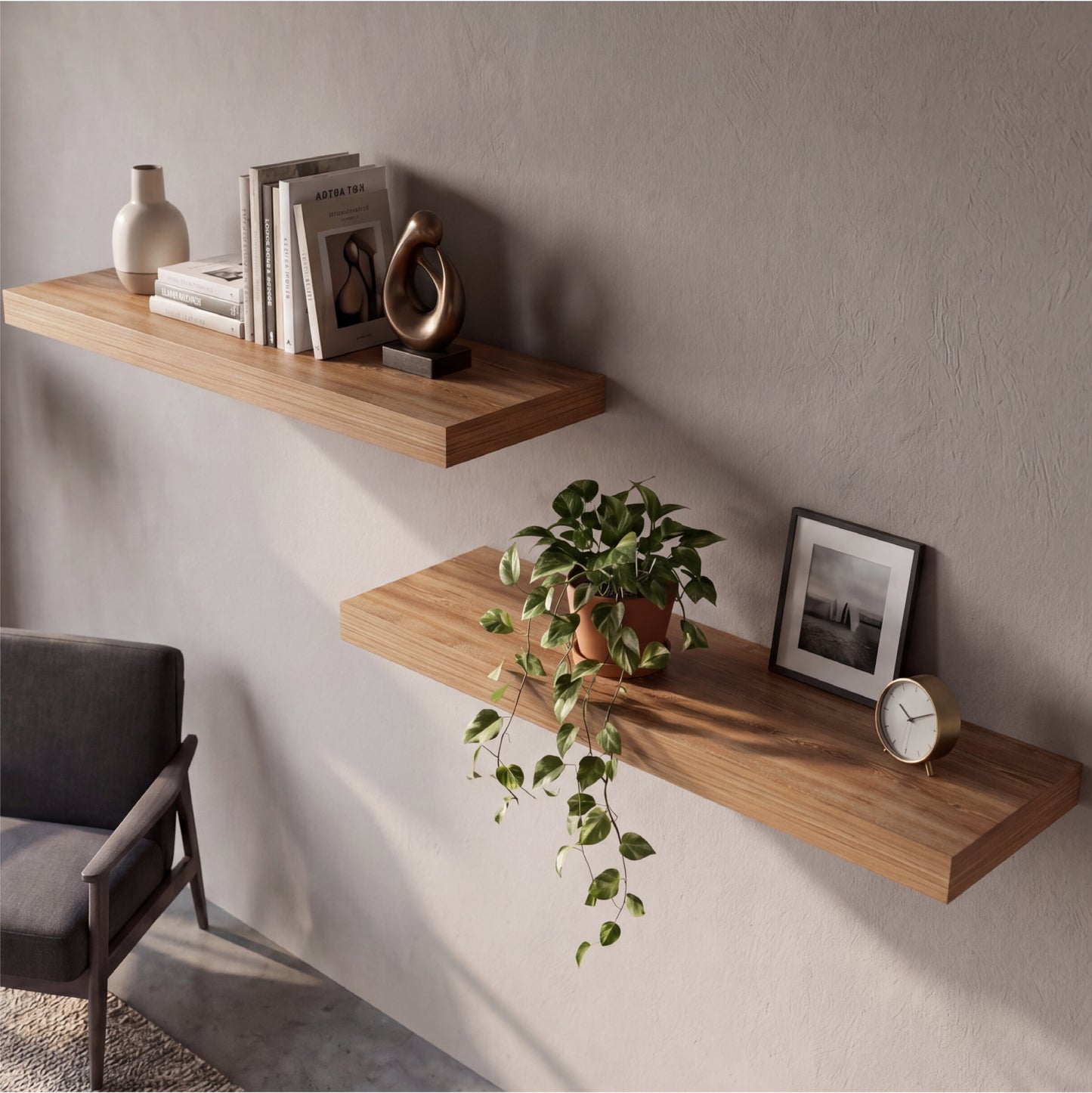 TUHOME Ecco 31.5-Inch Floating Shelves Set of Two with Hidden Brackets, Modern Wall-Mounted Shelves for Bedroom, Bathroom or Living Room Décor, Minimalist Display and Storage Solution for Books, Photos and Accessories