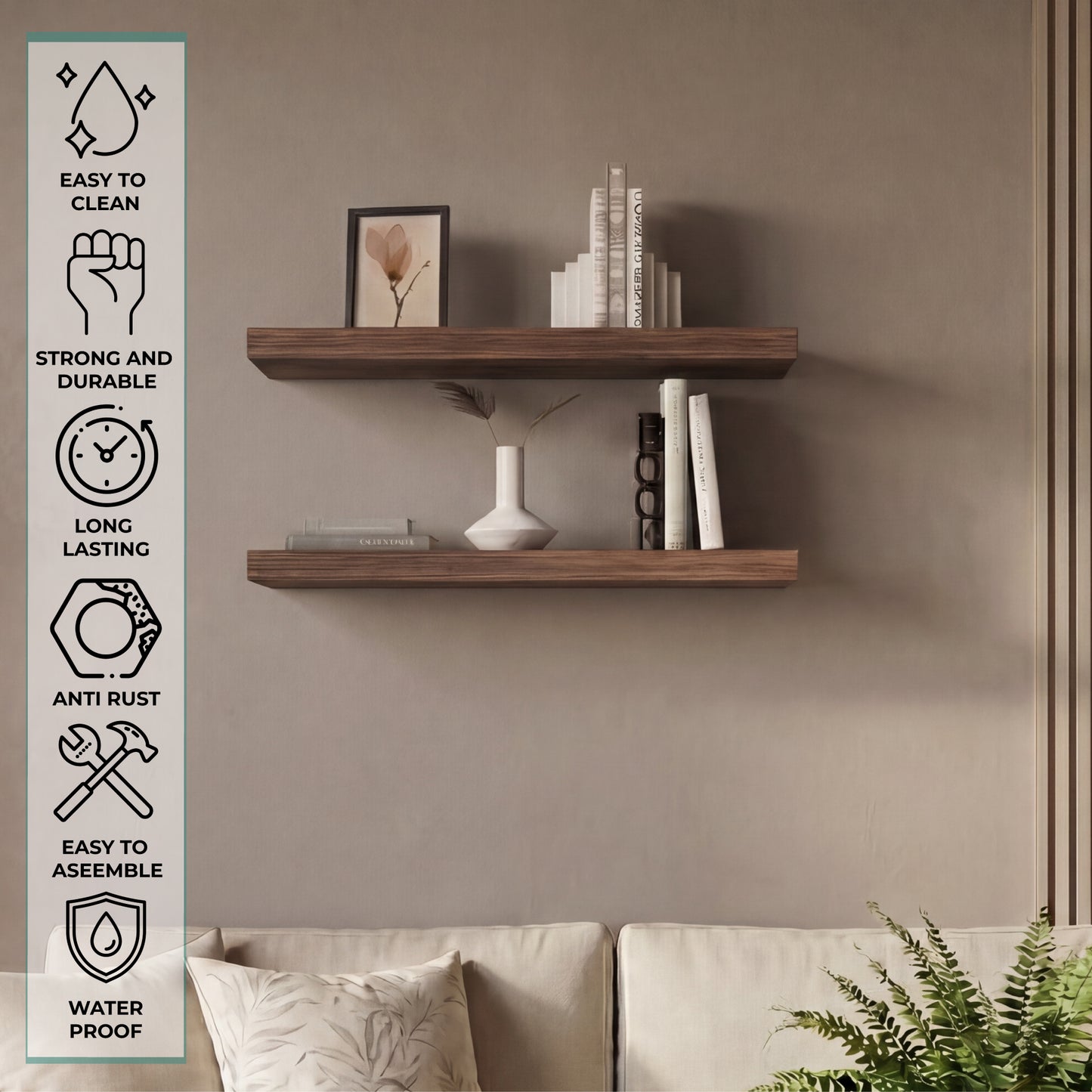 TUHOME Ecco 31.5-Inch Floating Shelves Set of Two with Hidden Brackets, Modern Wall-Mounted Shelves for Bedroom, Bathroom or Living Room Décor, Minimalist Display and Storage Solution for Books, Photos and Accessories