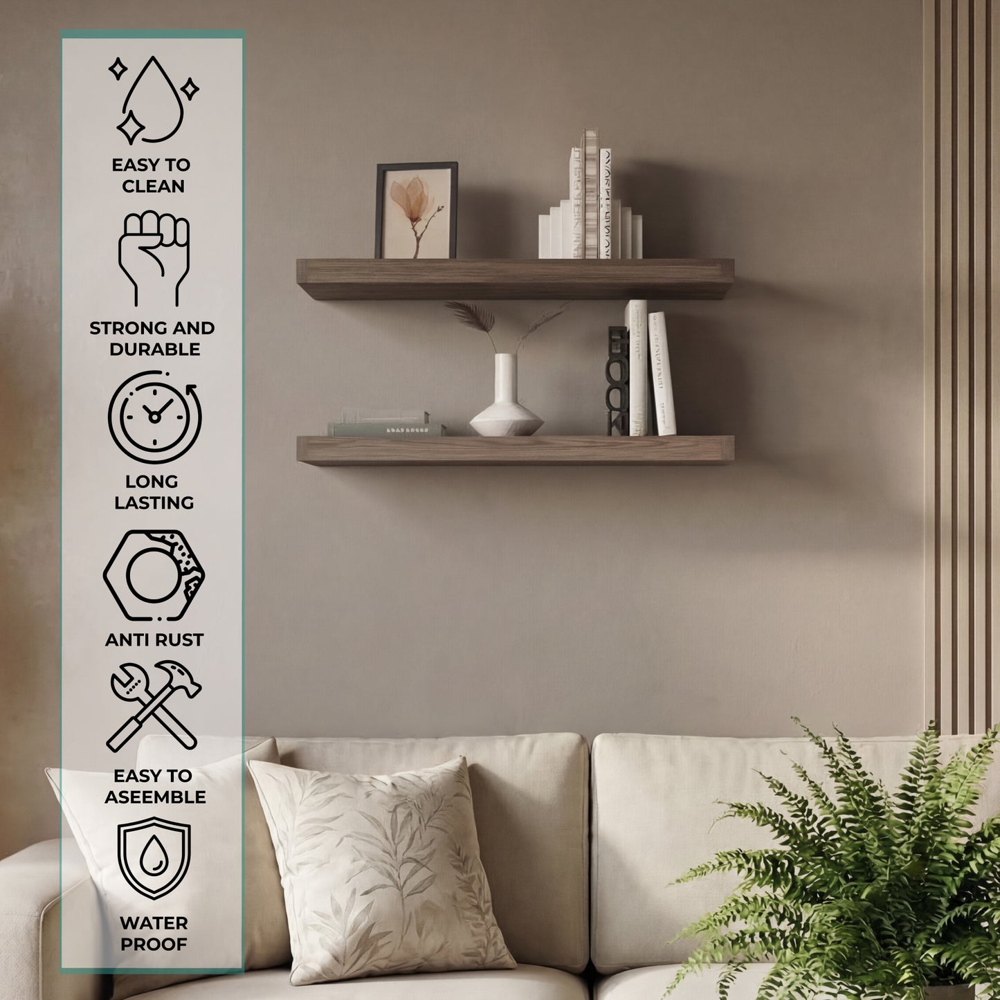 TUHOME Ecco 31.5-Inch Floating Shelves Set of Two with Hidden Brackets, Modern Wall-Mounted Shelves for Bedroom, Bathroom or Living Room Décor, Minimalist Display and Storage Solution for Books, Photos and Accessories