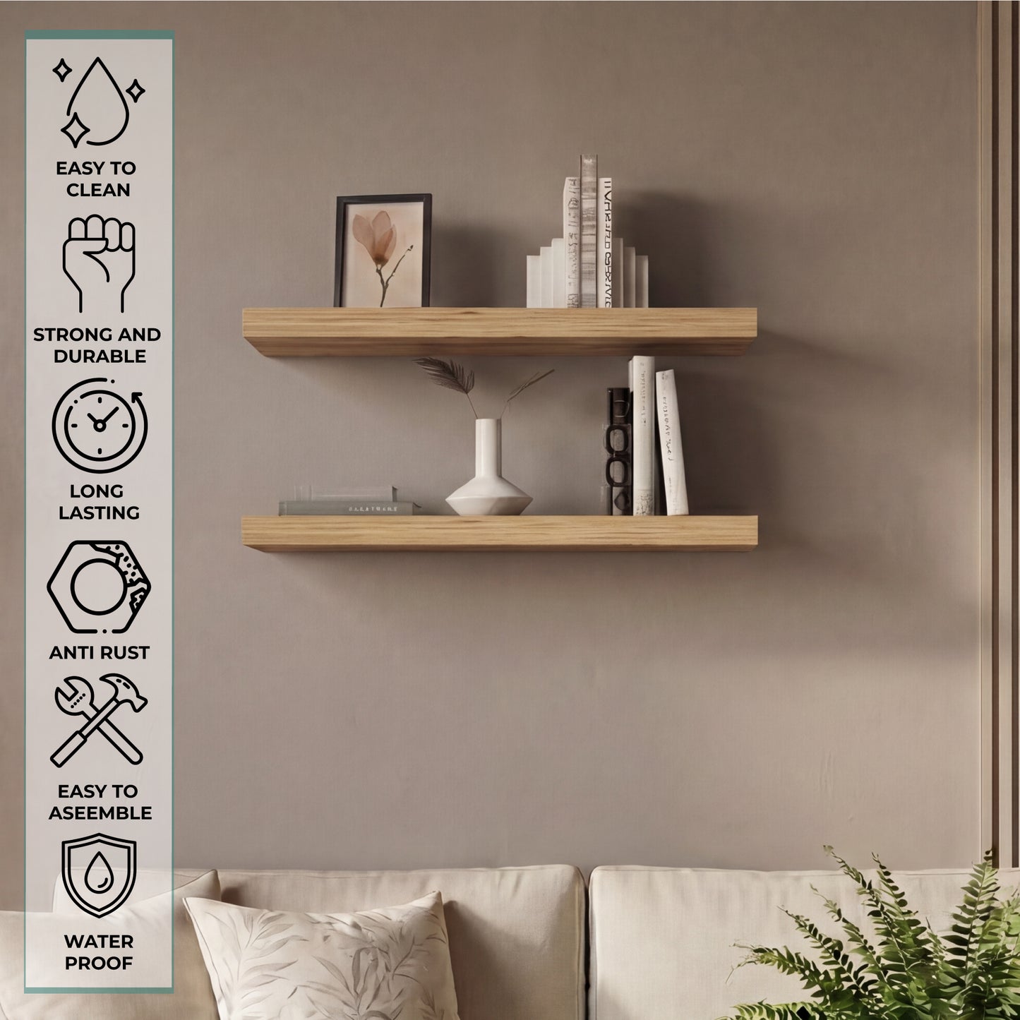 TUHOME Ecco 31.5-Inch Floating Shelves Set of Two with Hidden Brackets, Modern Wall-Mounted Shelves for Bedroom, Bathroom or Living Room Décor, Minimalist Display and Storage Solution for Books, Photos and Accessories