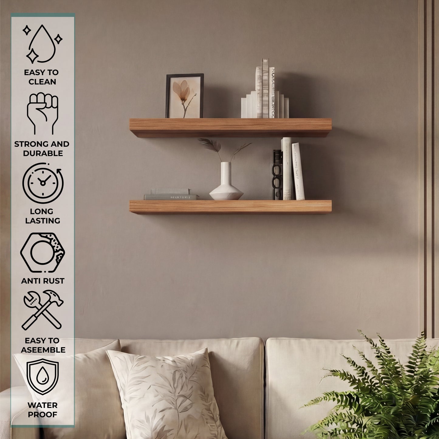 TUHOME Ecco 31.5-Inch Floating Shelves Set of Two with Hidden Brackets, Modern Wall-Mounted Shelves for Bedroom, Bathroom or Living Room Décor, Minimalist Display and Storage Solution for Books, Photos and Accessories