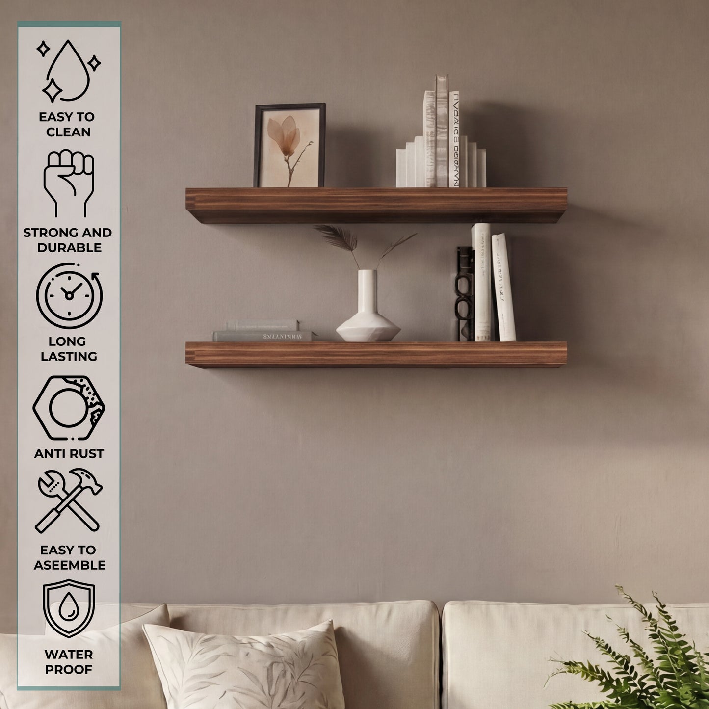 TUHOME Ecco 31.5-Inch Floating Shelves Set of Two with Hidden Brackets, Modern Wall-Mounted Shelves for Bedroom, Bathroom or Living Room Décor, Minimalist Display and Storage Solution for Books, Photos and Accessories