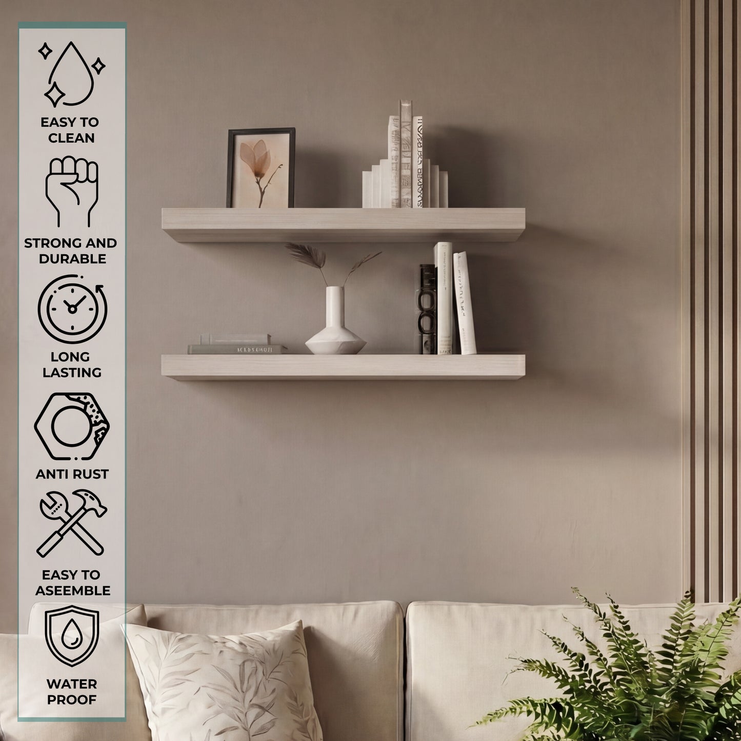TUHOME Ecco 31.5-Inch Floating Shelves Set of Two with Hidden Brackets, Modern Wall-Mounted Shelves for Bedroom, Bathroom or Living Room Décor, Minimalist Display and Storage Solution for Books, Photos and Accessories