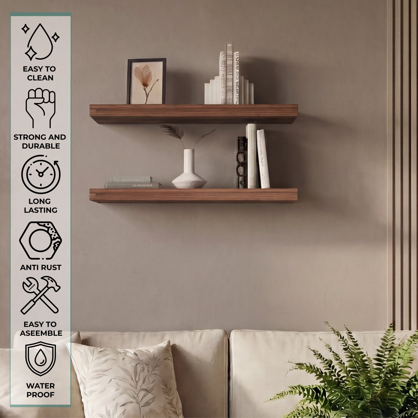TUHOME Ecco 31.5-Inch Floating Shelves Set of Two with Hidden Brackets, Modern Wall-Mounted Shelves for Bedroom, Bathroom or Living Room Décor, Minimalist Display and Storage Solution for Books, Photos and Accessories