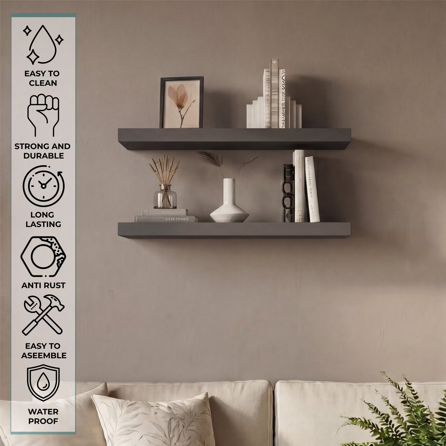 TUHOME Ecco 31.5-Inch Floating Shelves Set of Two with Hidden Brackets, Modern Wall-Mounted Shelves for Bedroom, Bathroom or Living Room Décor, Minimalist Display and Storage Solution for Books, Photos and Accessories