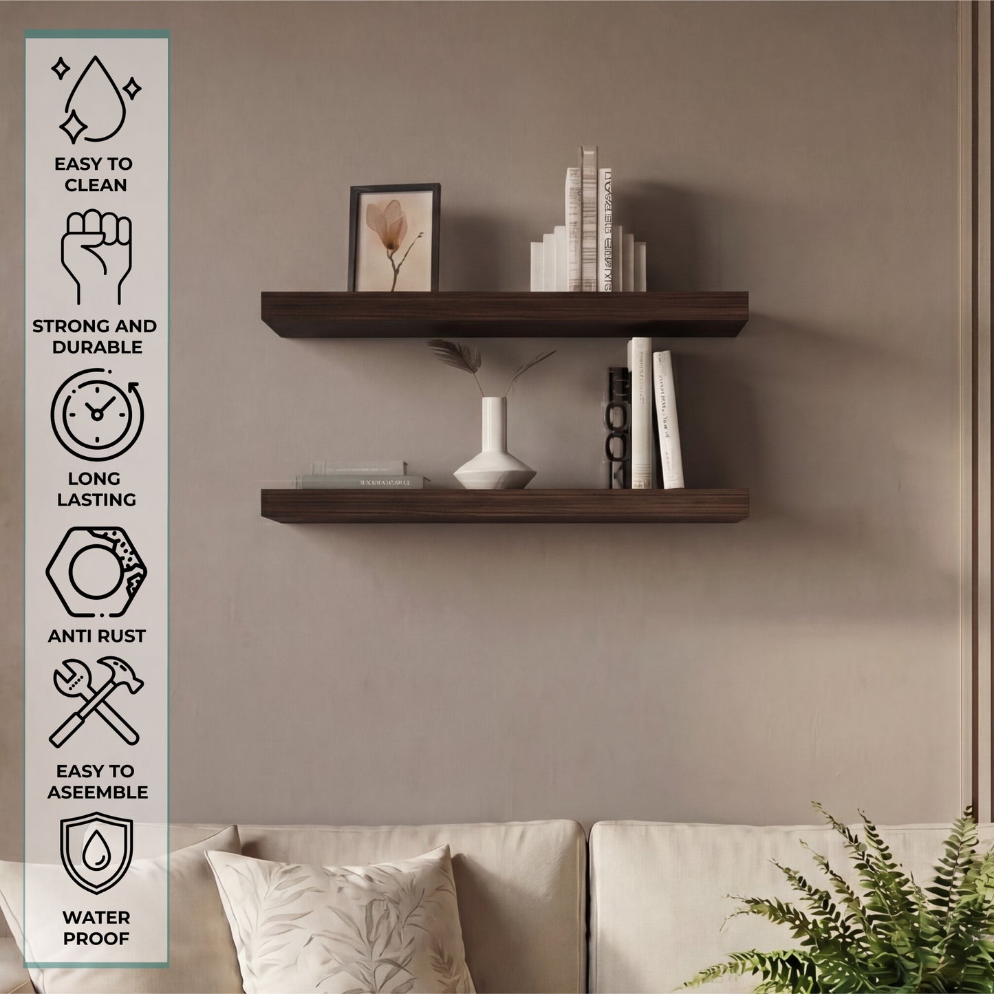 TUHOME Ecco 31.5-Inch Floating Shelves Set of Two with Hidden Brackets, Modern Wall-Mounted Shelves for Bedroom, Bathroom or Living Room Décor, Minimalist Display and Storage Solution for Books, Photos and Accessories