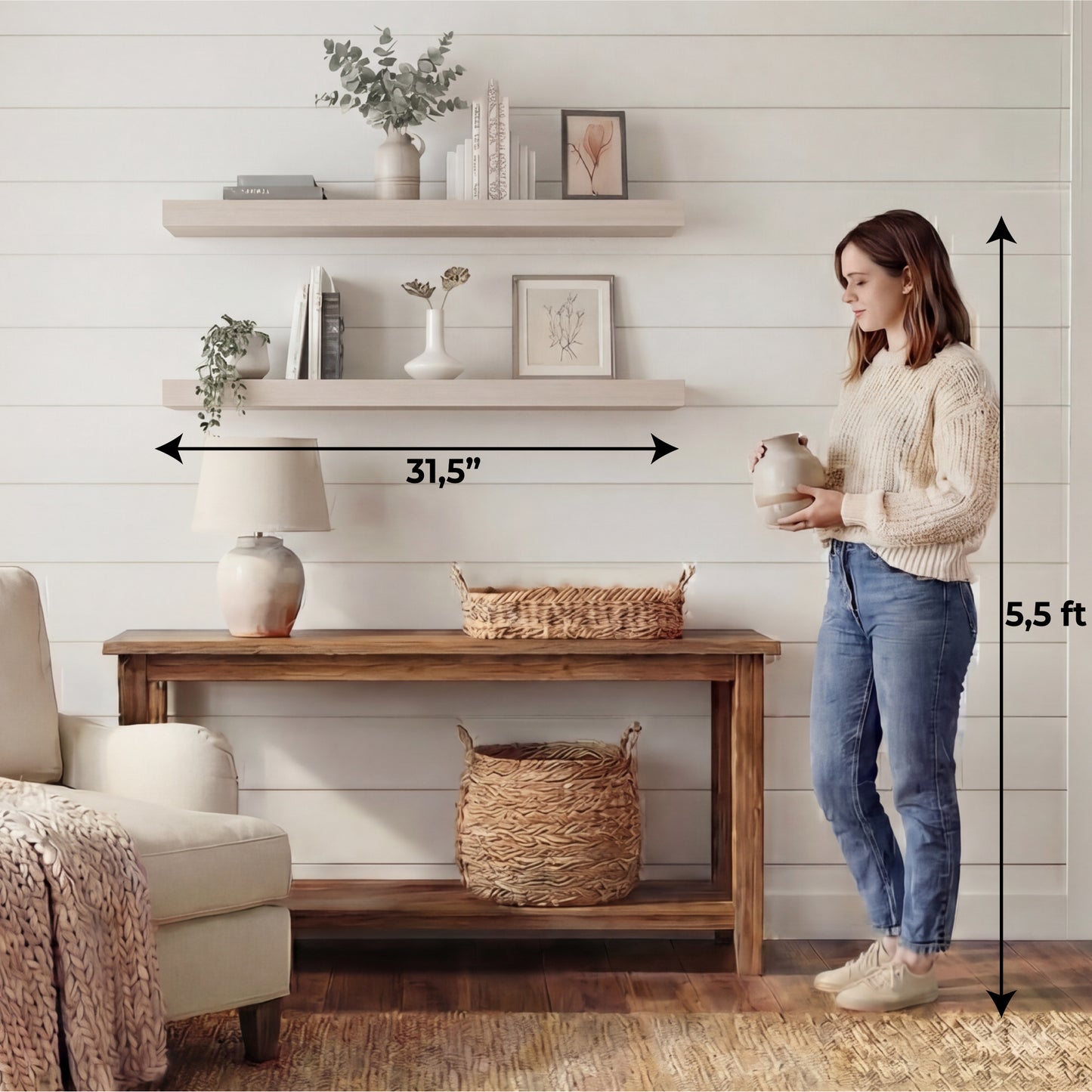 TUHOME Ecco 31.5-Inch Floating Shelves Set of Two with Hidden Brackets, Modern Wall-Mounted Shelves for Bedroom, Bathroom or Living Room Décor, Minimalist Display and Storage Solution for Books, Photos and Accessories