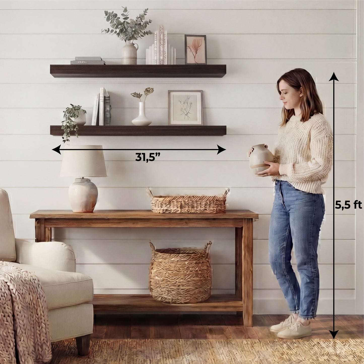 TUHOME Ecco 31.5-Inch Floating Shelves Set of Two with Hidden Brackets, Modern Wall-Mounted Shelves for Bedroom, Bathroom or Living Room Décor, Minimalist Display and Storage Solution for Books, Photos and Accessories
