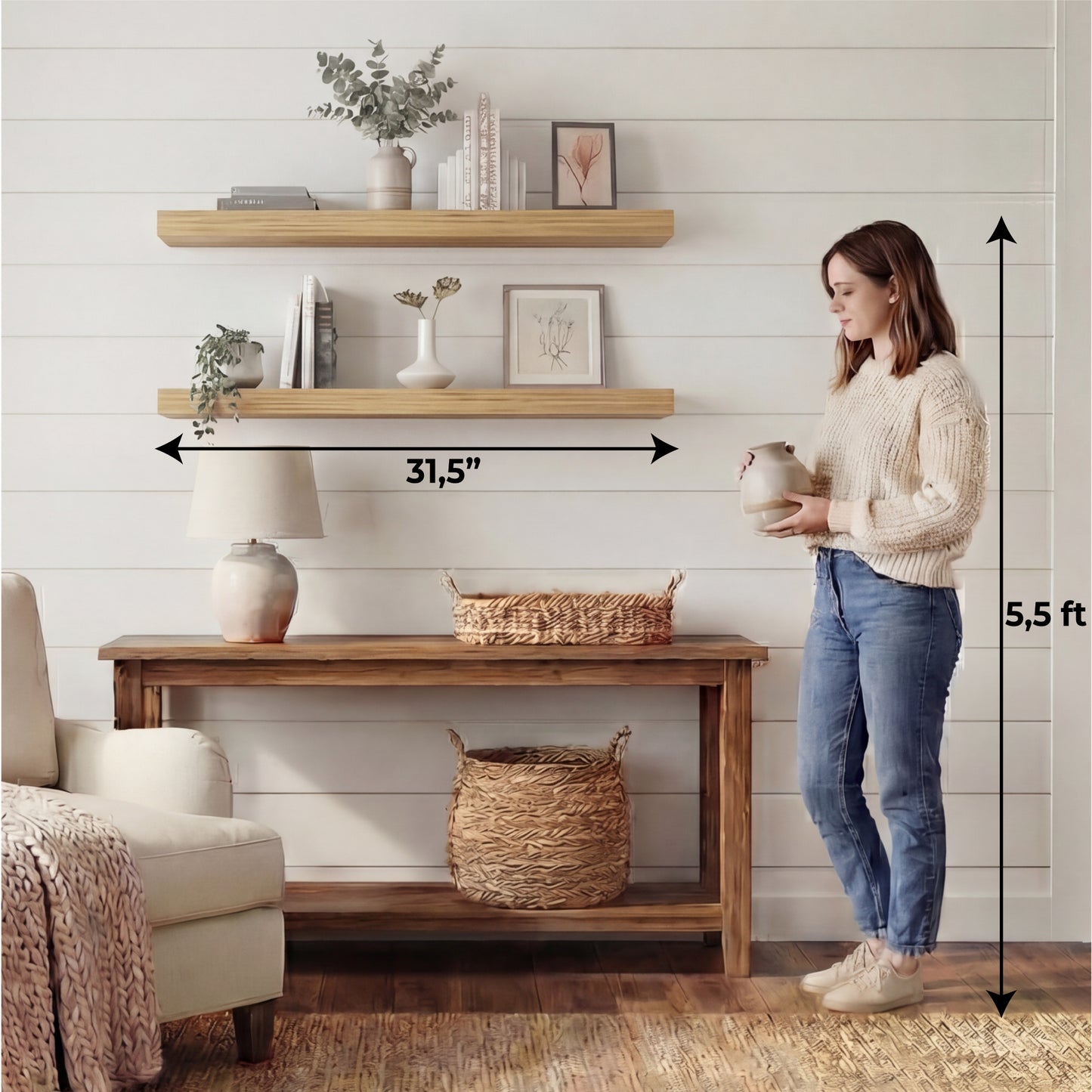 TUHOME Ecco 31.5-Inch Floating Shelves Set of Two with Hidden Brackets, Modern Wall-Mounted Shelves for Bedroom, Bathroom or Living Room Décor, Minimalist Display and Storage Solution for Books, Photos and Accessories