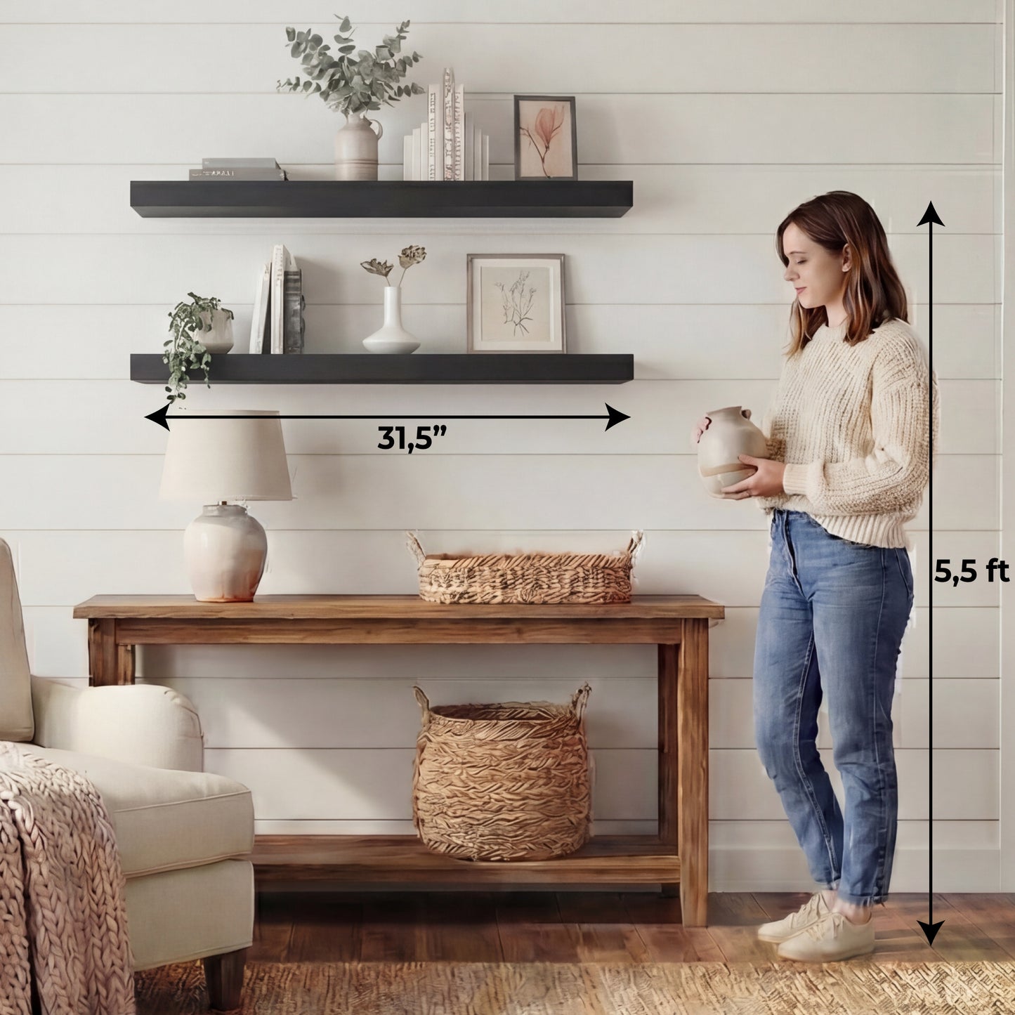 TUHOME Ecco 31.5-Inch Floating Shelves Set of Two with Hidden Brackets, Modern Wall-Mounted Shelves for Bedroom, Bathroom or Living Room Décor, Minimalist Display and Storage Solution for Books, Photos and Accessories