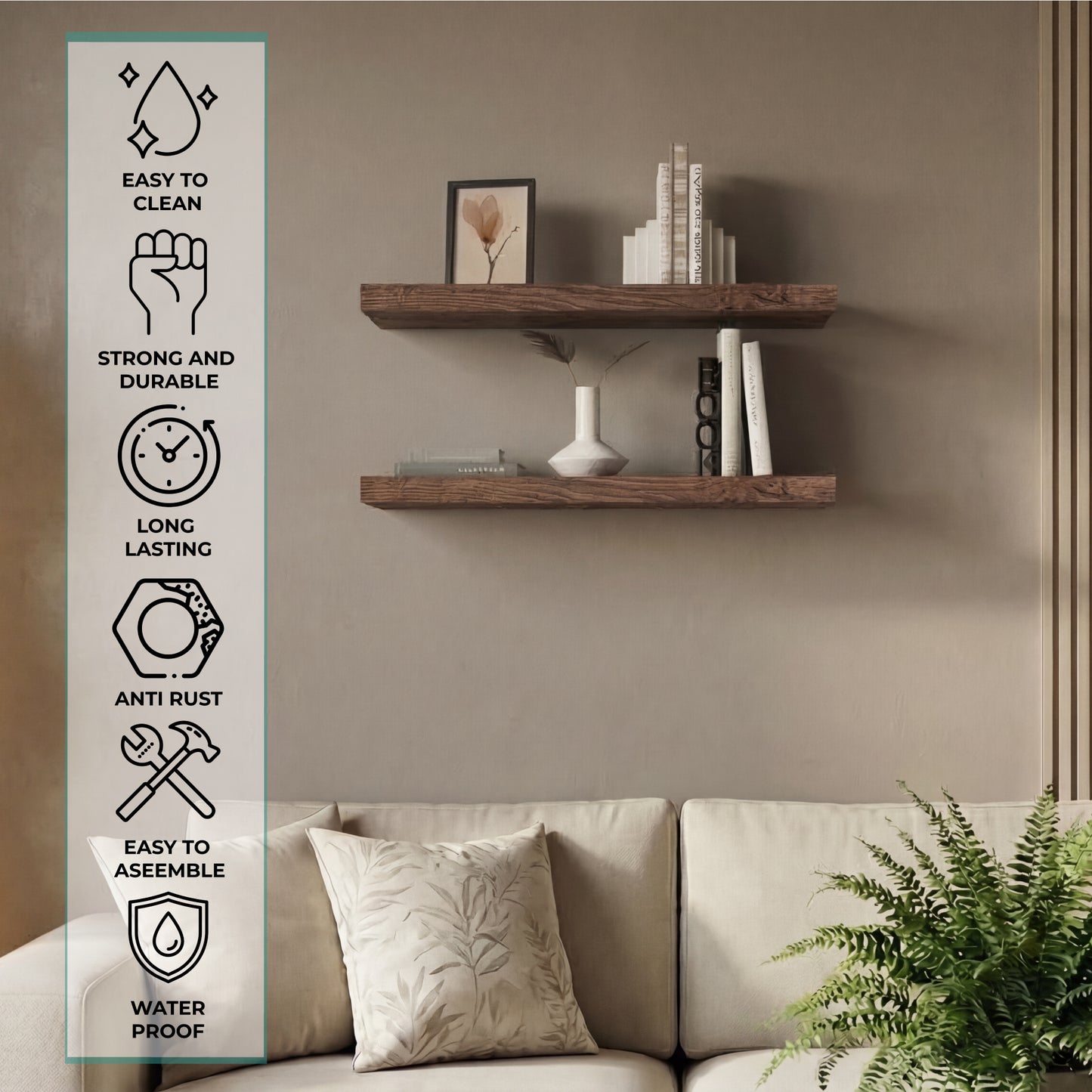 TUHOME Ecco 31.5-Inch Floating Shelves Set of Two with Hidden Brackets, Modern Wall-Mounted Shelves for Bedroom, Bathroom or Living Room Décor, Minimalist Display and Storage Solution for Books, Photos and Accessories