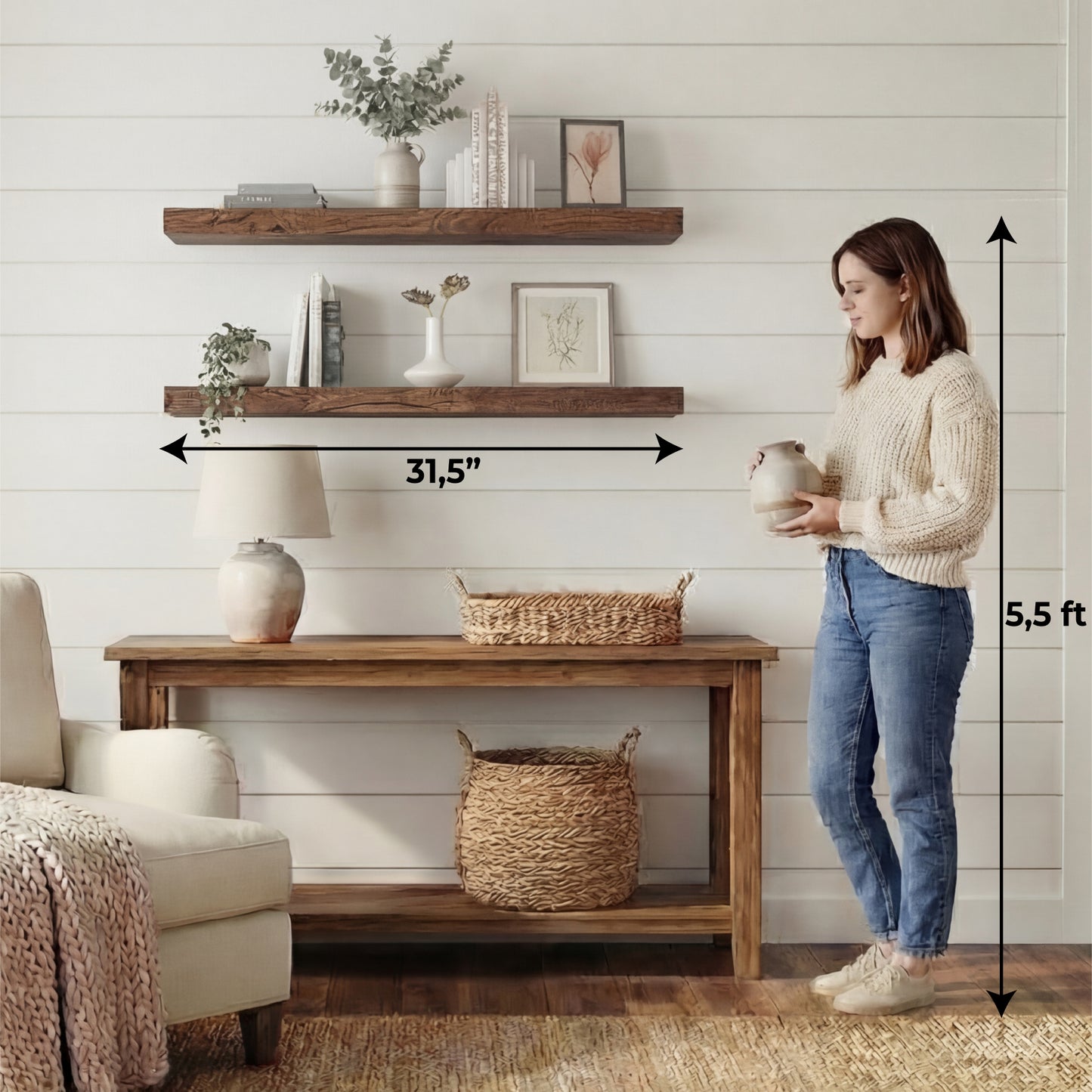TUHOME Ecco 31.5-Inch Floating Shelves Set of Two with Hidden Brackets, Modern Wall-Mounted Shelves for Bedroom, Bathroom or Living Room Décor, Minimalist Display and Storage Solution for Books, Photos and Accessories
