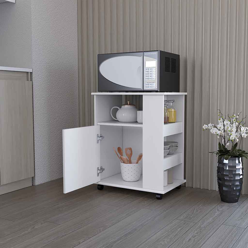 Kitchen Service Cart, Three Side  Shelves, Two Interior Shelves, Single Door Cabinet