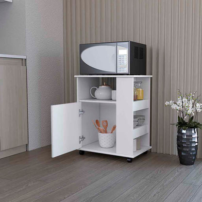 Kitchen Service Cart, Three Side  Shelves, Two Interior Shelves, Single Door Cabinet