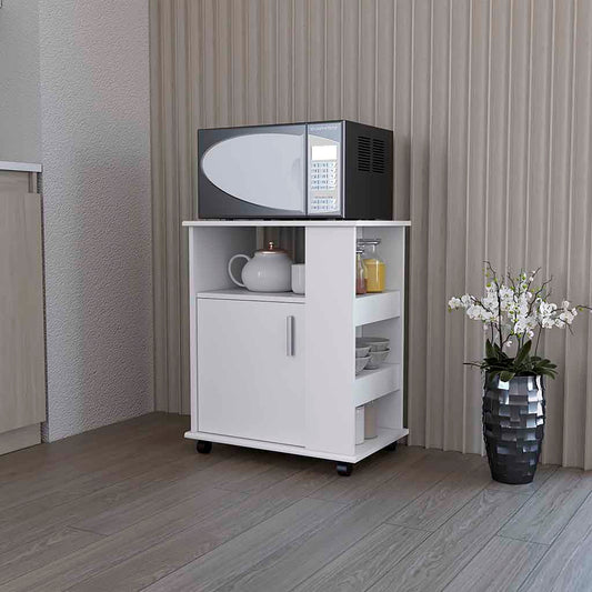 Kitchen Service Cart, Three Side  Shelves, Two Interior Shelves, Single Door Cabinet