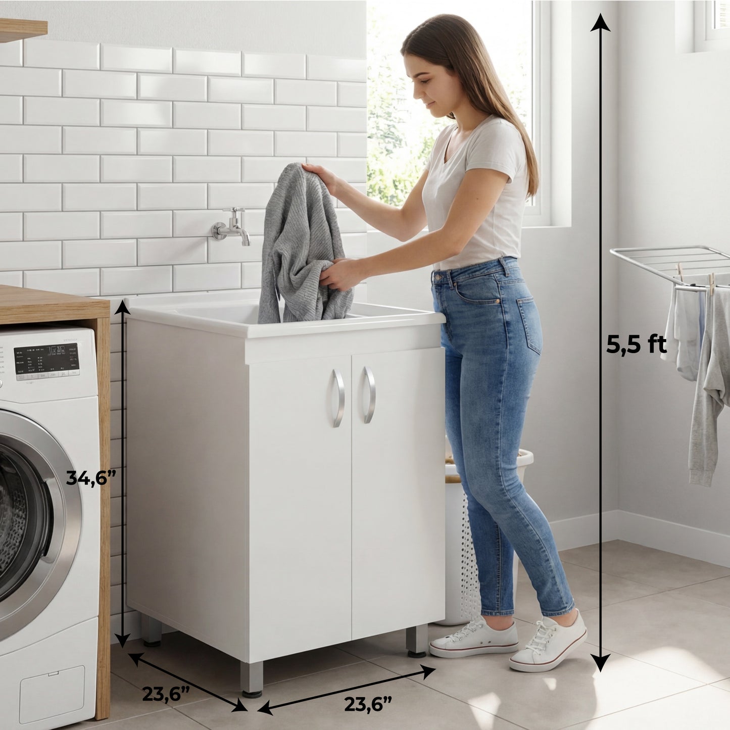 Foster Two Door Utility Tub and Sink, Freestanding Cabinet with 2 Interior Storager Shelves, Utility Sink for Laundry Rooms or Garage
