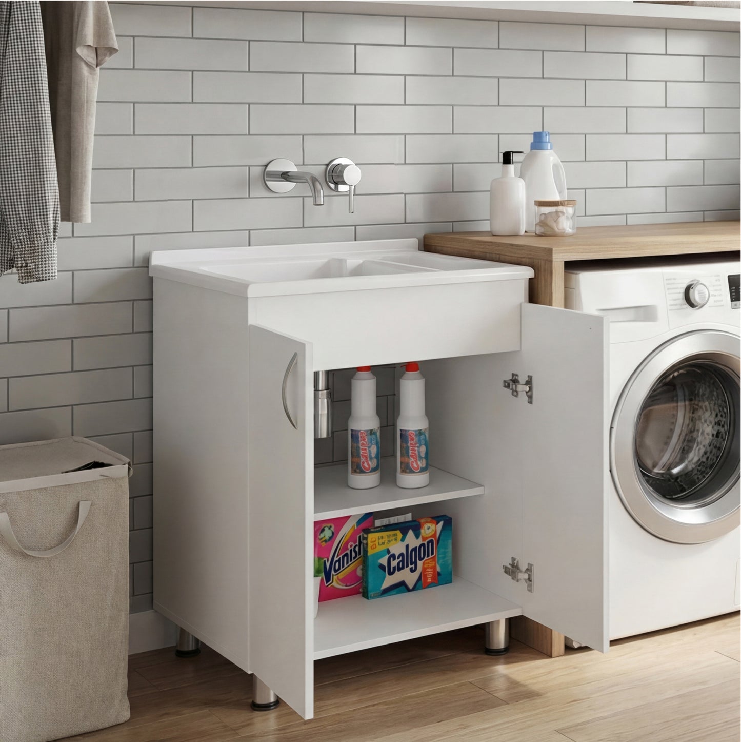 Foster Two Door Utility Tub and Sink, Freestanding Cabinet with 2 Interior Storager Shelves, Utility Sink for Laundry Rooms or Garage