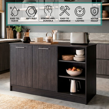Ginger Kitchen Island with Spacious Countertop, Three Open Storage Shelves, Dual Cabinet Doors with Interior Shelves and Functional Floorstanding Design for Enhanced Organization, Meal Prep Efficiency and Modern Kitchen Appeal