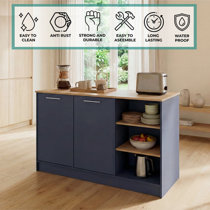 Ginger Kitchen Island with Spacious Countertop, Three Open Storage Shelves, Dual Cabinet Doors with Interior Shelves and Functional Floorstanding Design for Enhanced Organization, Meal Prep Efficiency and Modern Kitchen Appeal