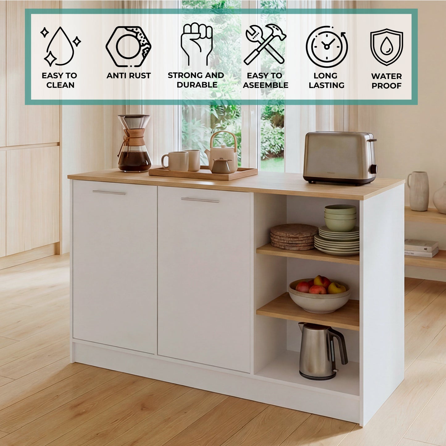Ginger Kitchen Island with Spacious Countertop, Three Open Storage Shelves, Dual Cabinet Doors with Interior Shelves and Functional Floorstanding Design for Enhanced Organization, Meal Prep Efficiency and Modern Kitchen Appeal