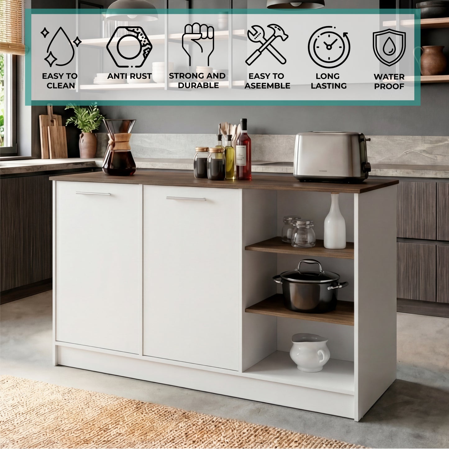 Ginger Kitchen Island with Spacious Countertop, Three Open Storage Shelves, Dual Cabinet Doors with Interior Shelves and Functional Floorstanding Design for Enhanced Organization, Meal Prep Efficiency and Modern Kitchen Appeal