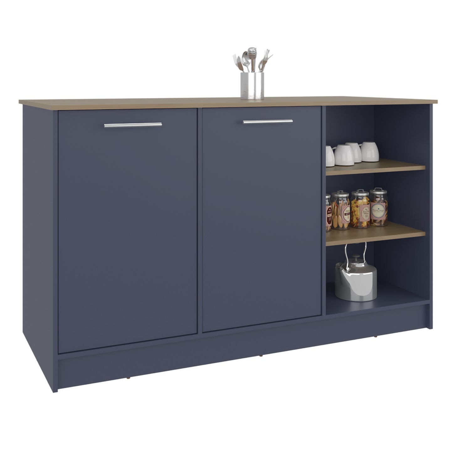 Ginger Kitchen Island with Spacious Countertop, Three Open Storage Shelves, Dual Cabinet Doors with Interior Shelves and Functional Floorstanding Design for Enhanced Organization, Meal Prep Efficiency and Modern Kitchen Appeal
