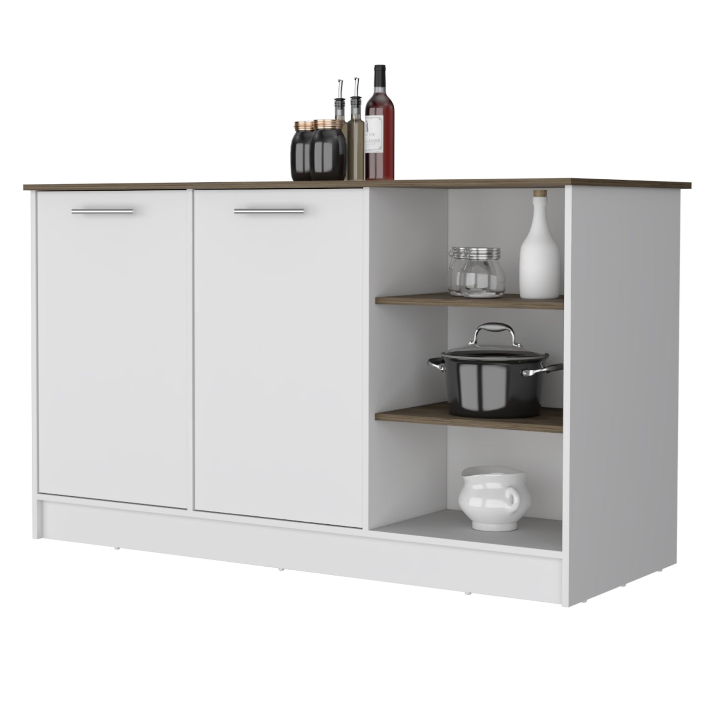 Ginger Kitchen Island with Spacious Countertop, Three Open Storage Shelves, Dual Cabinet Doors with Interior Shelves and Functional Floorstanding Design for Enhanced Organization, Meal Prep Efficiency and Modern Kitchen Appeal