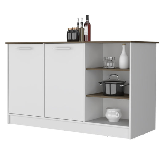 Ginger Kitchen Island with Spacious Countertop, Three Open Storage Shelves, Dual Cabinet Doors with Interior Shelves and Functional Floorstanding Design for Enhanced Organization, Meal Prep Efficiency and Modern Kitchen Appeal