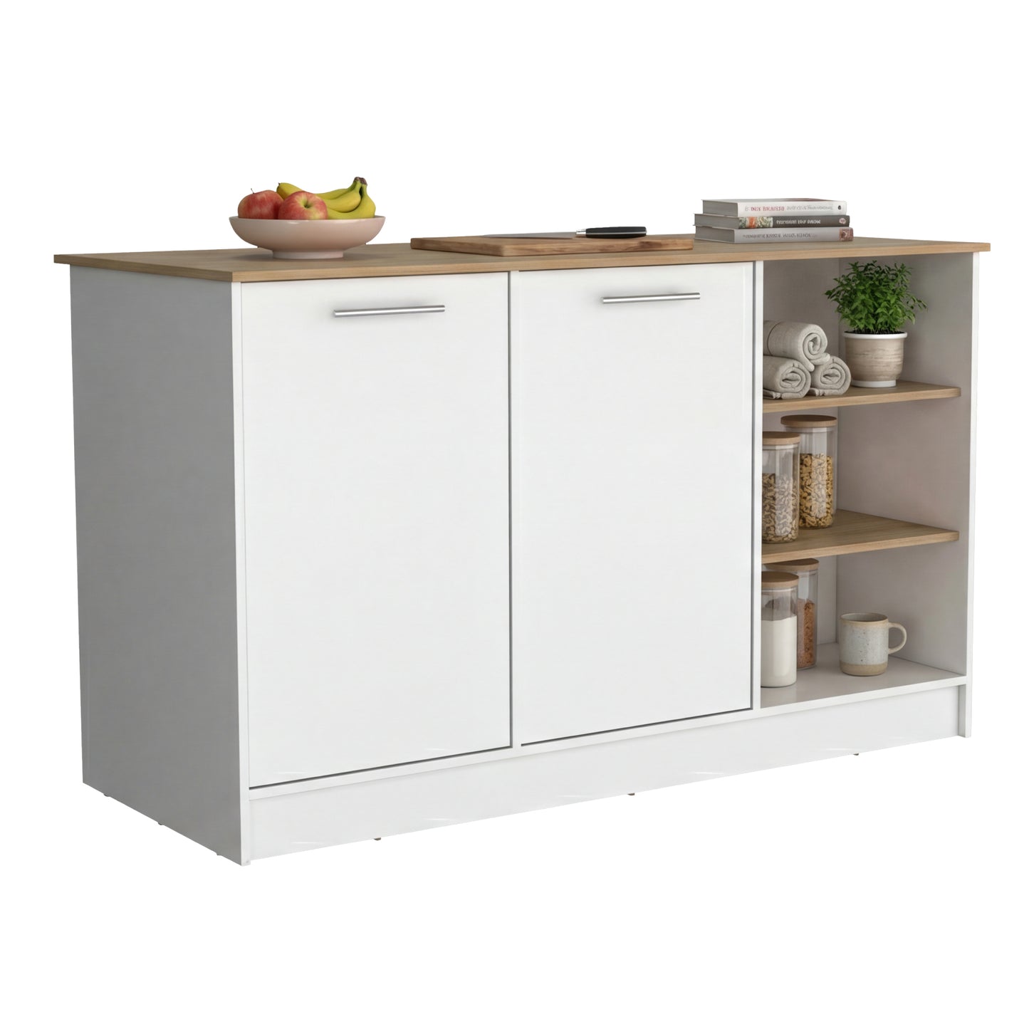 Ginger Kitchen Island with Spacious Countertop, Three Open Storage Shelves, Dual Cabinet Doors with Interior Shelves and Functional Floorstanding Design for Enhanced Organization, Meal Prep Efficiency and Modern Kitchen Appeal