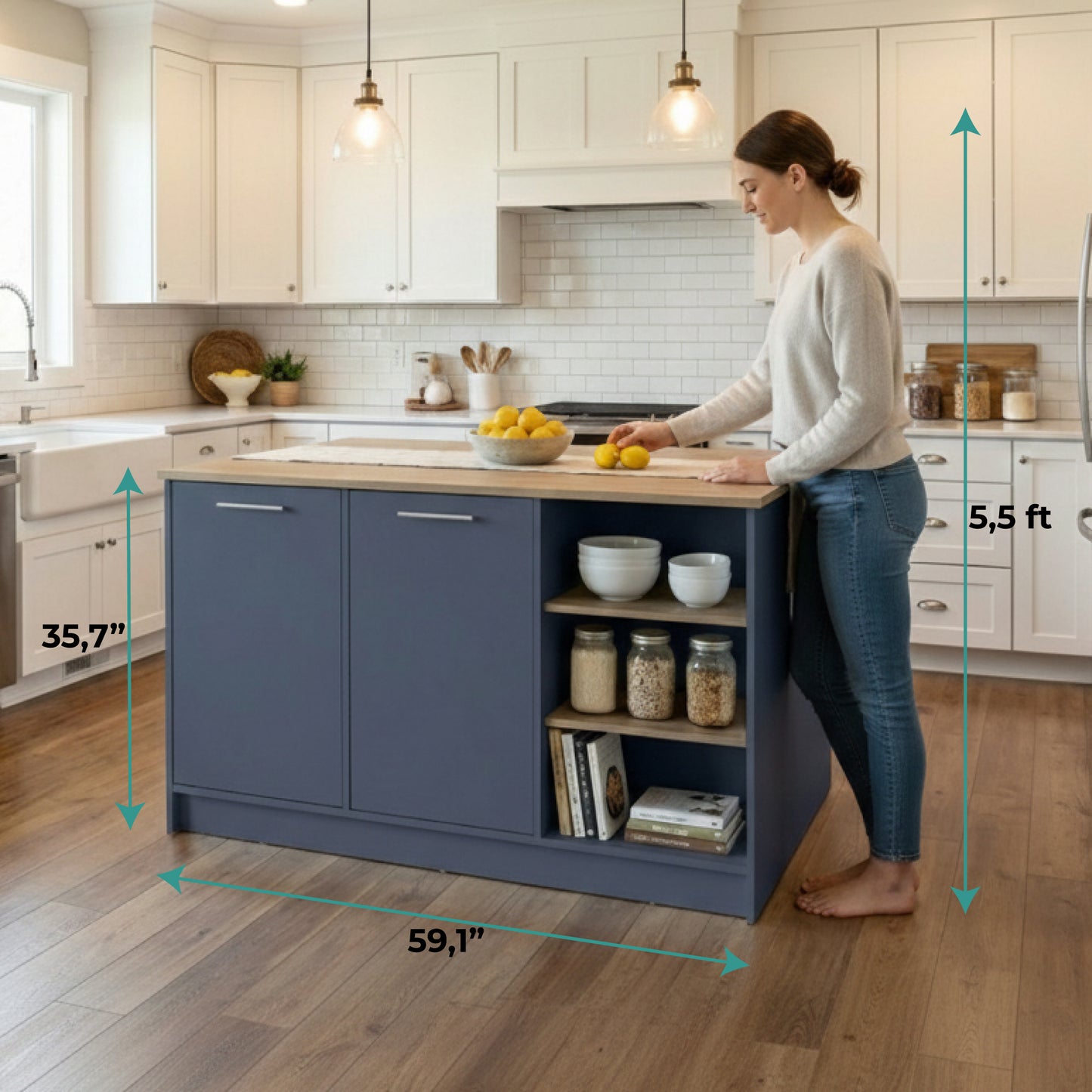 Ginger Kitchen Island with Spacious Countertop, Three Open Storage Shelves, Dual Cabinet Doors with Interior Shelves and Functional Floorstanding Design for Enhanced Organization, Meal Prep Efficiency and Modern Kitchen Appeal