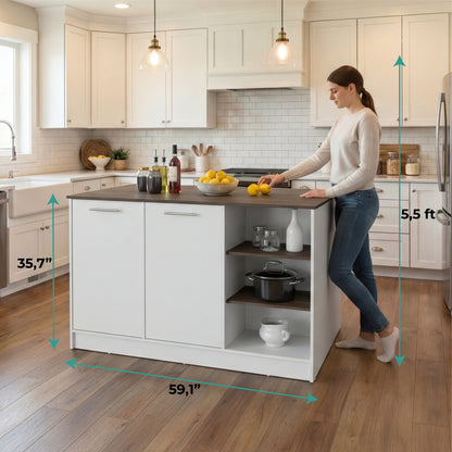 Ginger Kitchen Island with Spacious Countertop, Three Open Storage Shelves, Dual Cabinet Doors with Interior Shelves and Functional Floorstanding Design for Enhanced Organization, Meal Prep Efficiency and Modern Kitchen Appeal