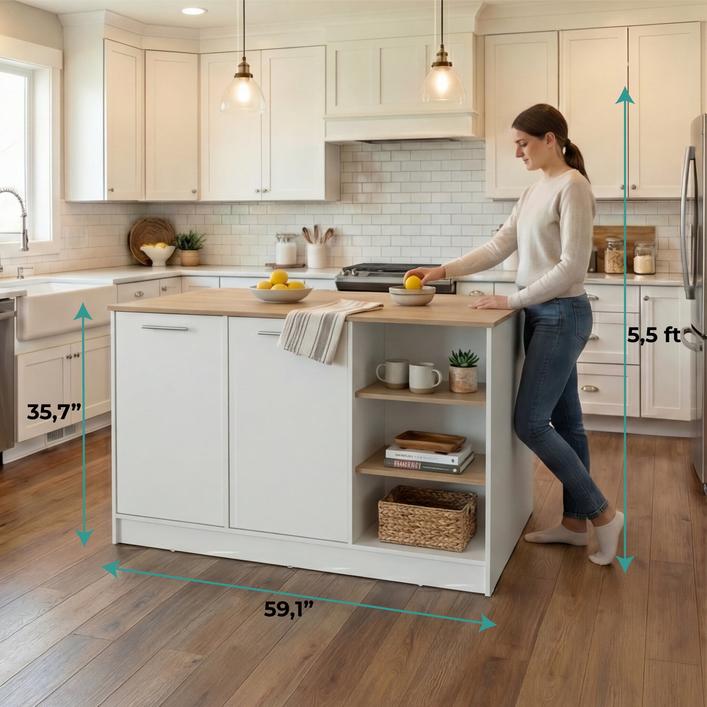 Ginger Kitchen Island with Spacious Countertop, Three Open Storage Shelves, Dual Cabinet Doors with Interior Shelves and Functional Floorstanding Design for Enhanced Organization, Meal Prep Efficiency and Modern Kitchen Appeal