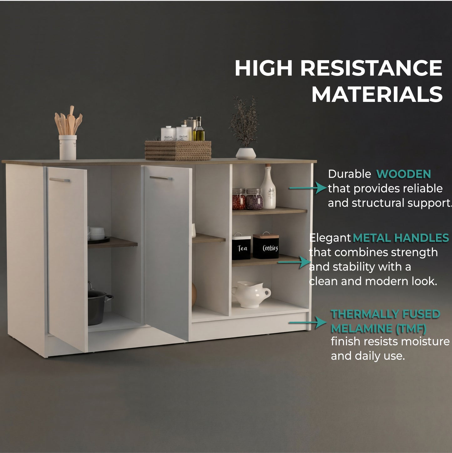 Ginger Kitchen Island with Spacious Countertop, Three Open Storage Shelves, Dual Cabinet Doors with Interior Shelves and Functional Floorstanding Design for Enhanced Organization, Meal Prep Efficiency and Modern Kitchen Appeal