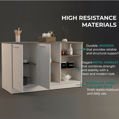 Ginger Kitchen Island with Spacious Countertop, Three Open Storage Shelves, Dual Cabinet Doors with Interior Shelves and Functional Floorstanding Design for Enhanced Organization, Meal Prep Efficiency and Modern Kitchen Appeal