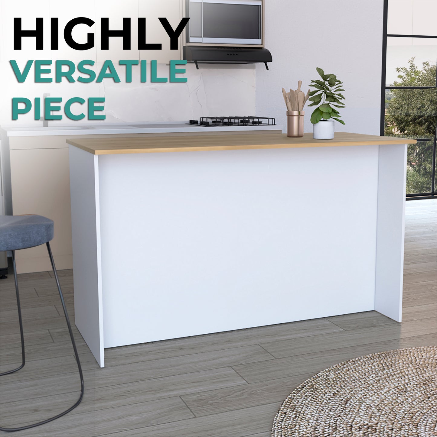 Ginger Kitchen Island with Spacious Countertop, Three Open Storage Shelves, Dual Cabinet Doors with Interior Shelves and Functional Floorstanding Design for Enhanced Organization, Meal Prep Efficiency and Modern Kitchen Appeal
