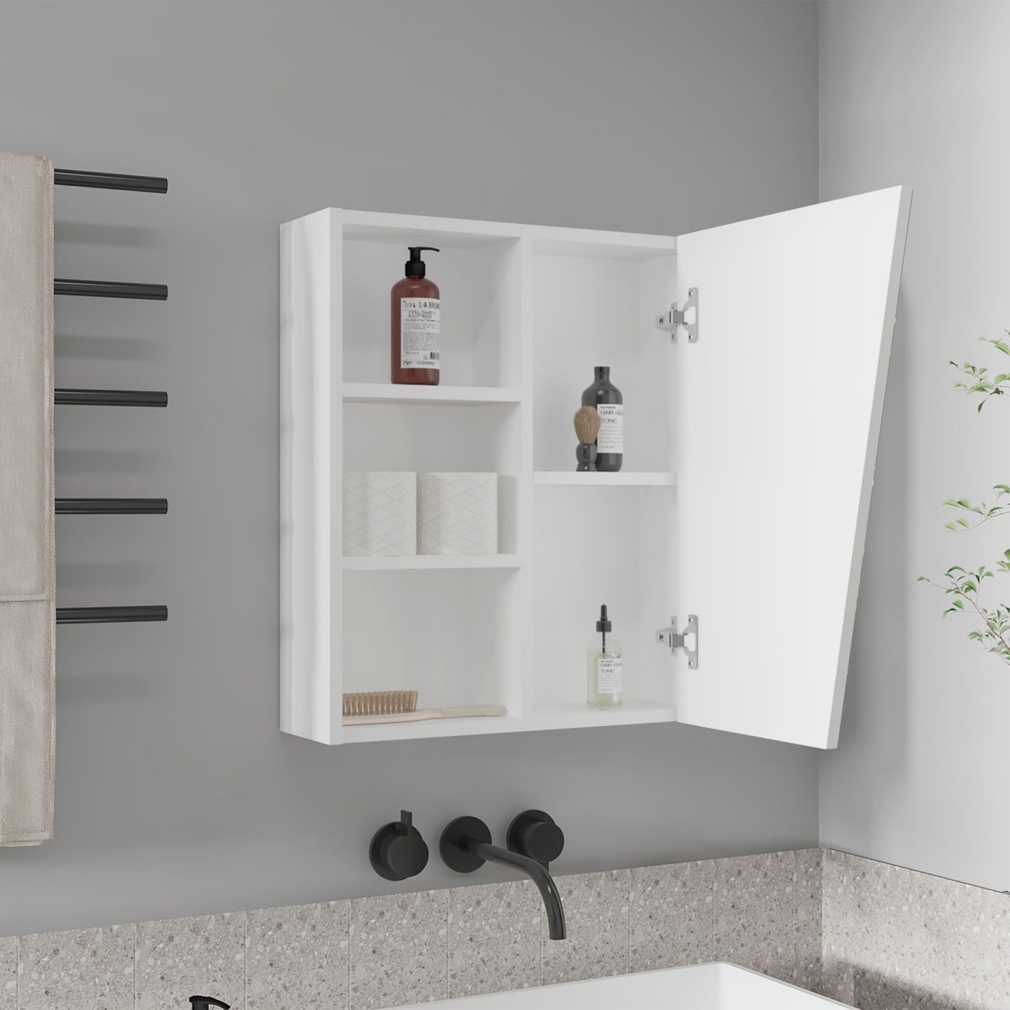 Quintana Wall-Mounted Mirror Medicine Cabinet With One Door And Four Open Compartments